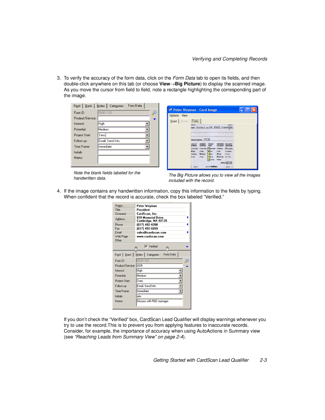 CardScan 700C manual Verifying and Completing Records 