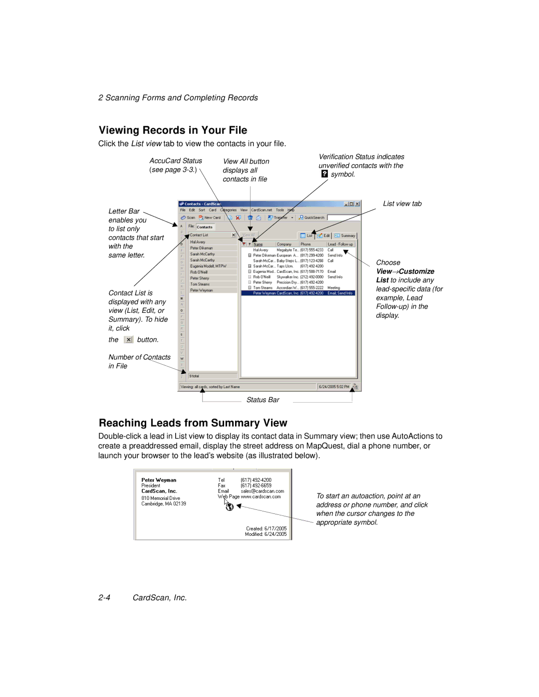 CardScan 700C manual Viewing Records in Your File, Reaching Leads from Summary View 