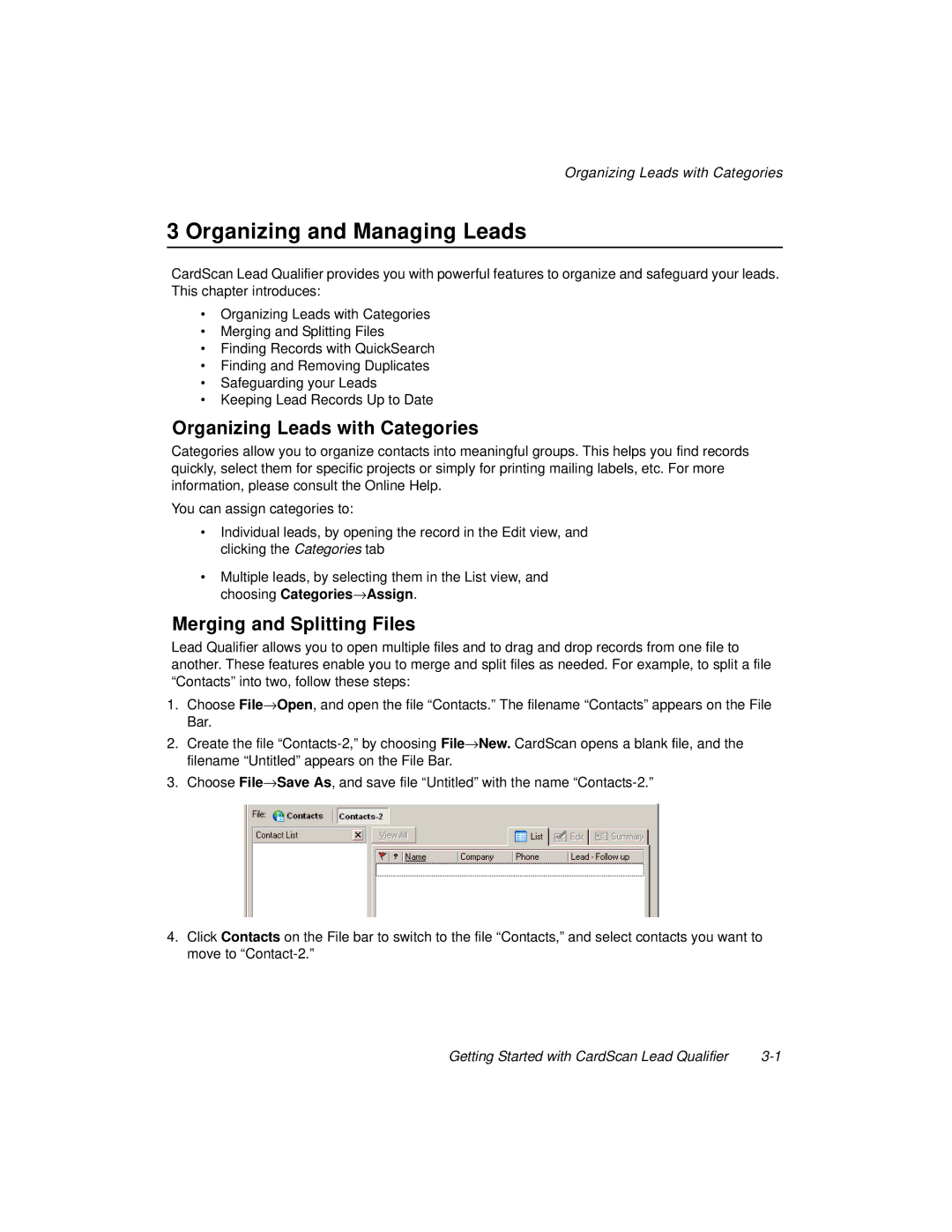 CardScan 700C manual Organizing and Managing Leads, Organizing Leads with Categories, Merging and Splitting Files 