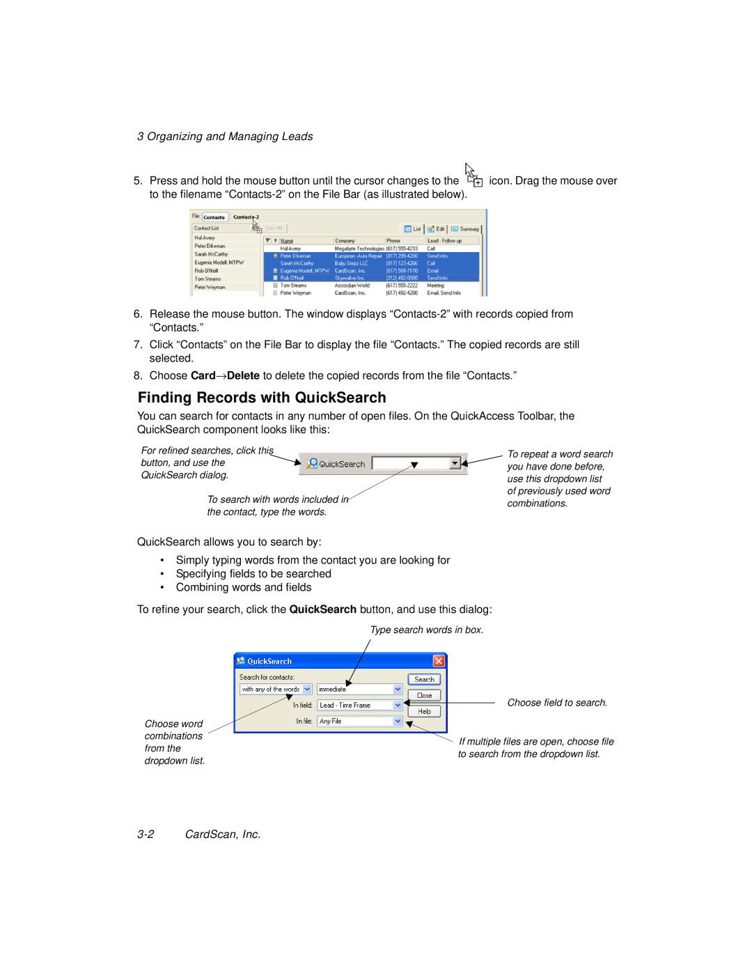 CardScan 700C manual Finding Records with QuickSearch, Organizing and Managing Leads 