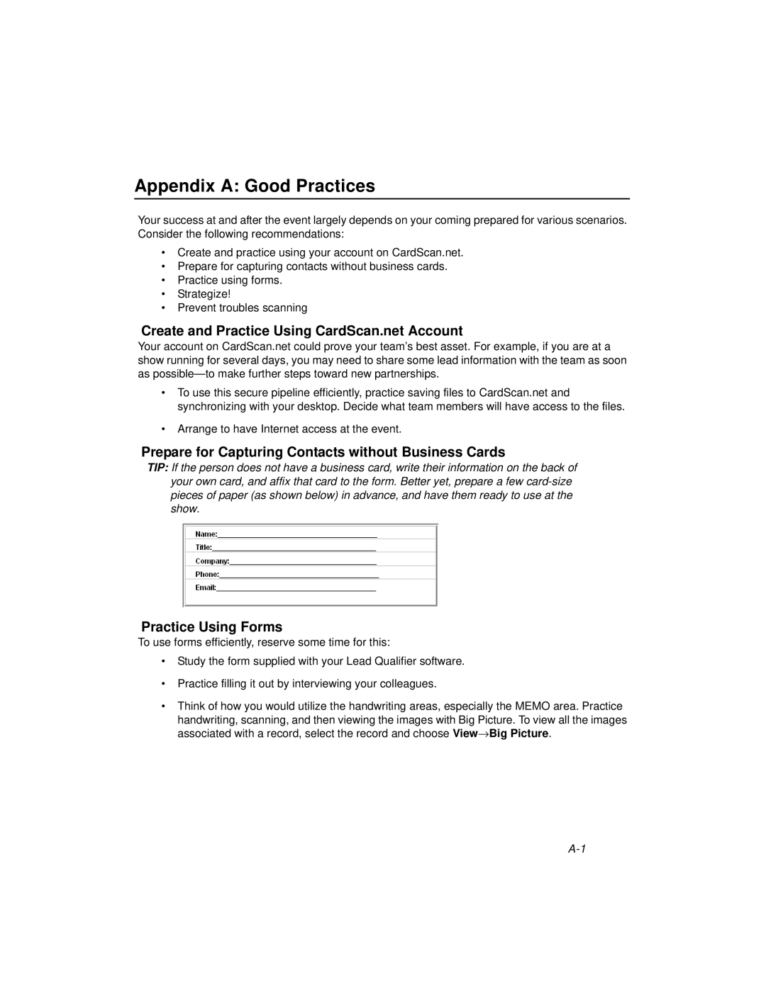 CardScan 700C manual Appendix a Good Practices, Arrange to have Internet access at the event 