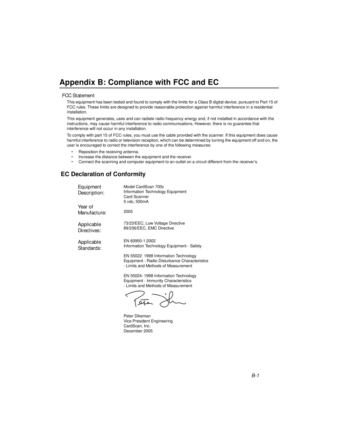 CardScan 700C manual Appendix B Compliance with FCC and EC 