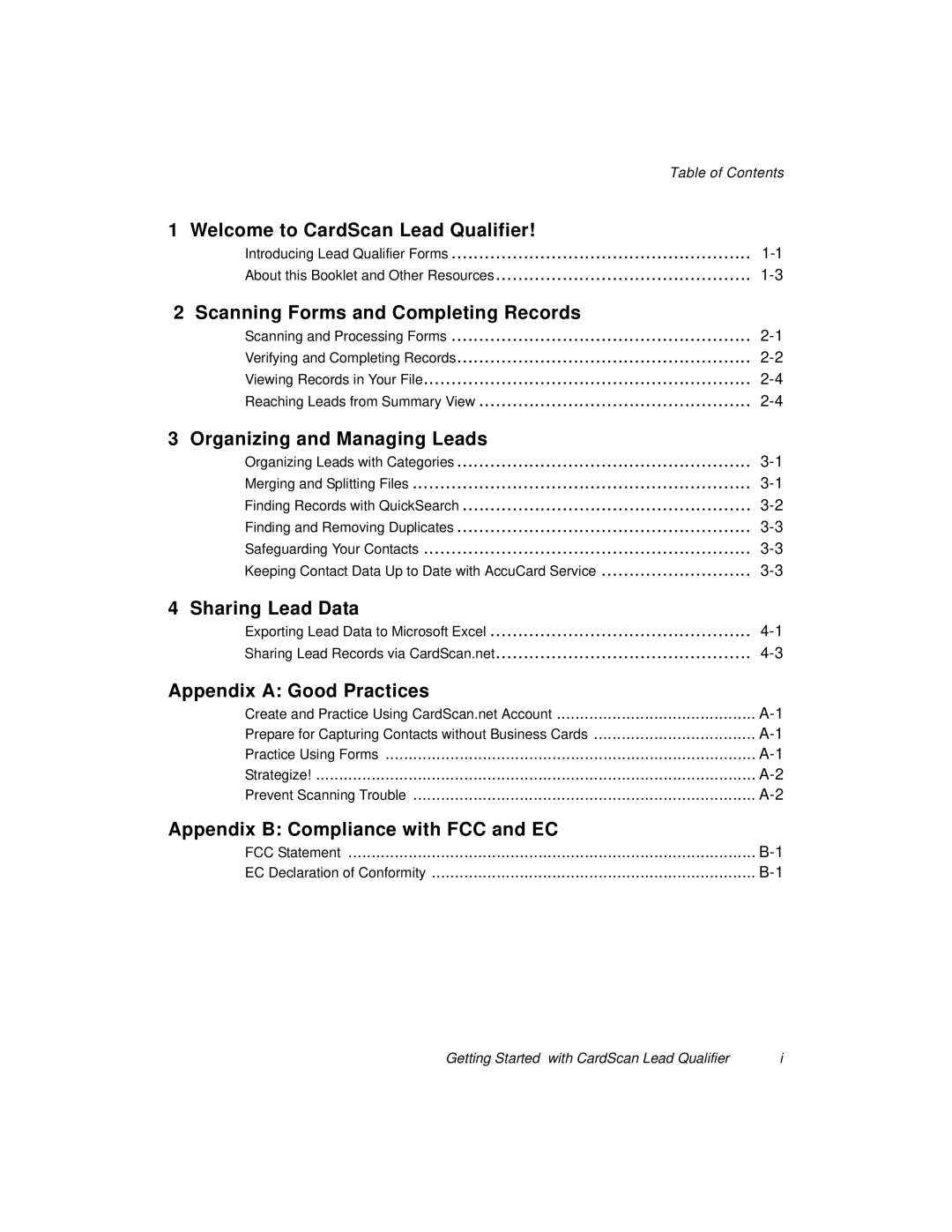 CardScan 700C manual Table of Contents, Getting Started with CardScan Lead Qualifier 