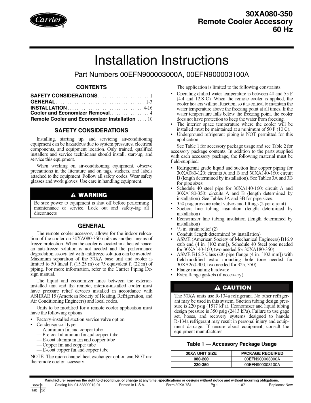 Carrier 00EFN900003000A installation instructions Installation Instructions 