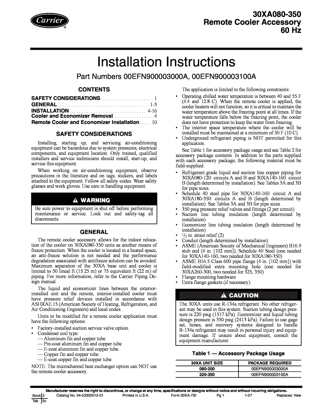 Carrier 00EFN900003000A installation instructions Contents, Safety Considerations, General, Accessory Package Usage 