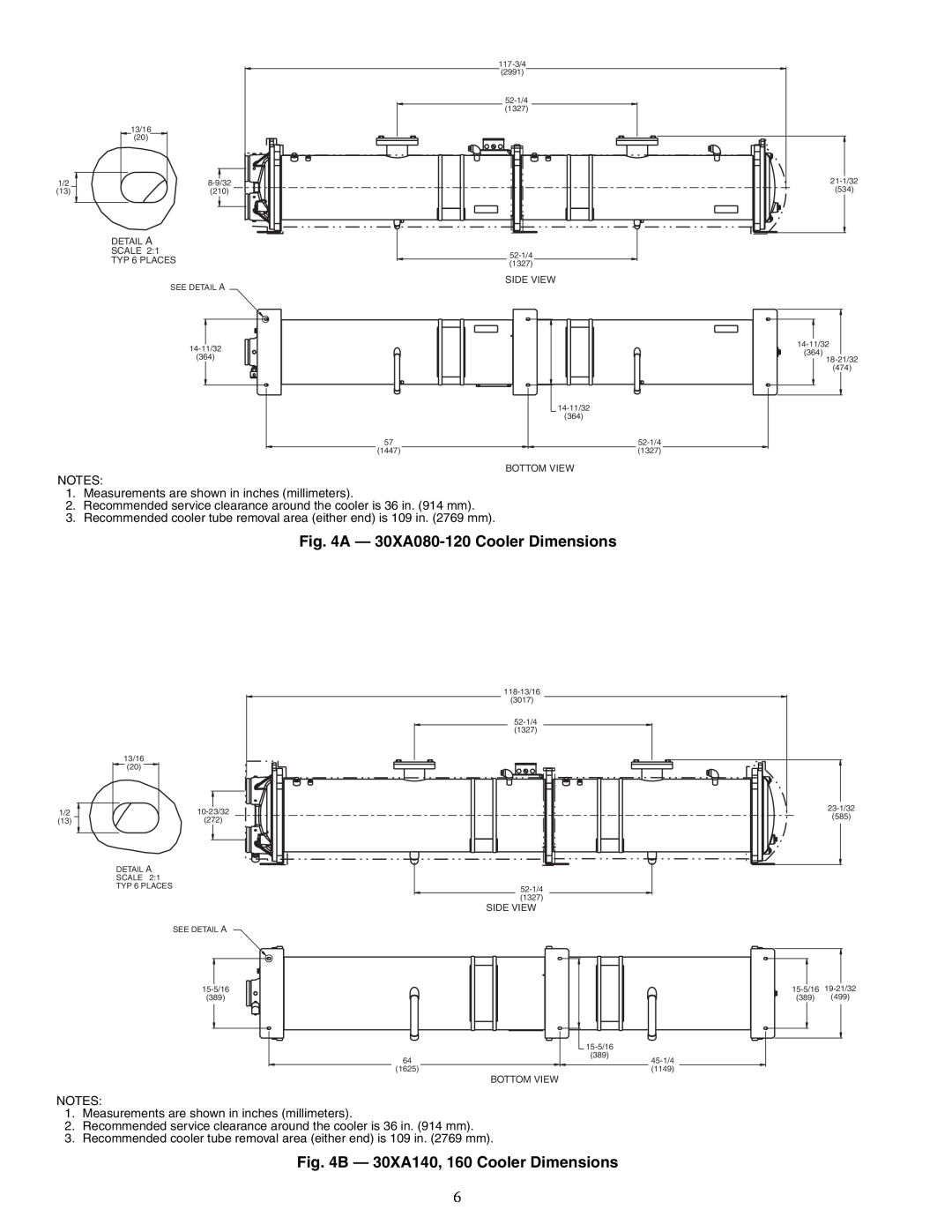 Carrier 00EFN900003000A installation instructions A - 30XA080-120 Cooler Dimensions, B - 30XA140, 160 Cooler Dimensions 
