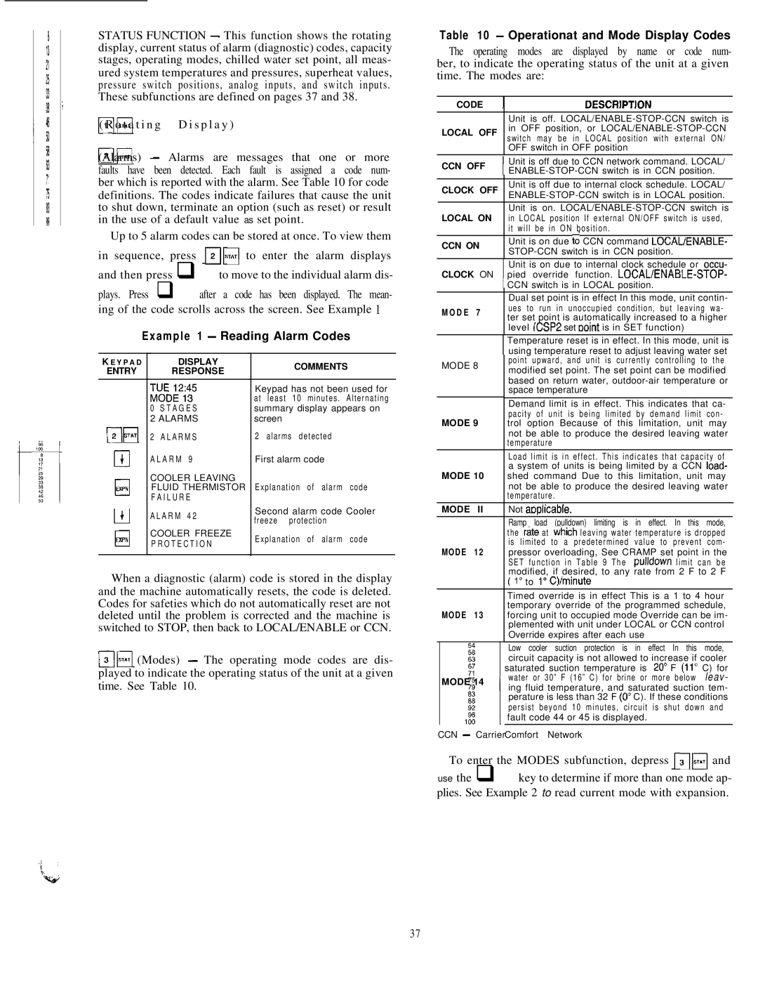 Carrier 040-420 specifications Example 1 Reading Alarm Codes, Operationat and Mode Display Codes 