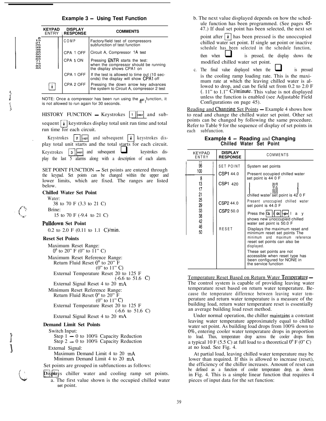 Carrier 040-420 specifications Example 3 Using Test Function, Example 4 Reading and Changing Chilled Water Set Point 