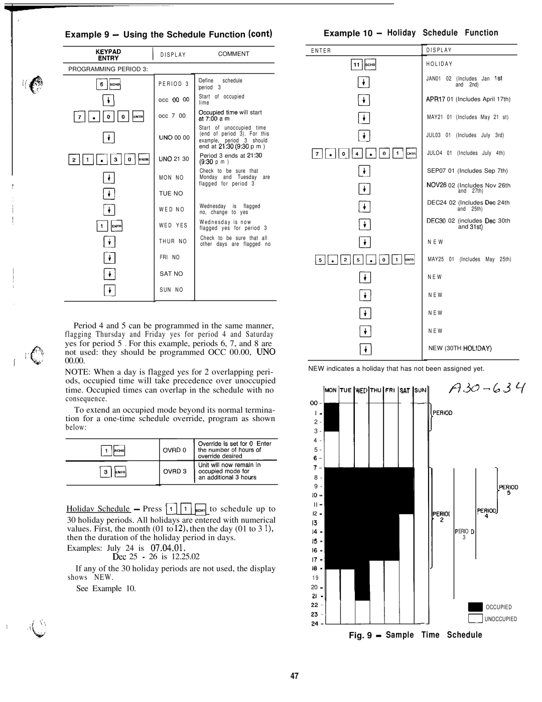 Carrier 040-420 specifications Example 9 Using the Schedule Function cant, Example 10 Holiday Schedule Function 