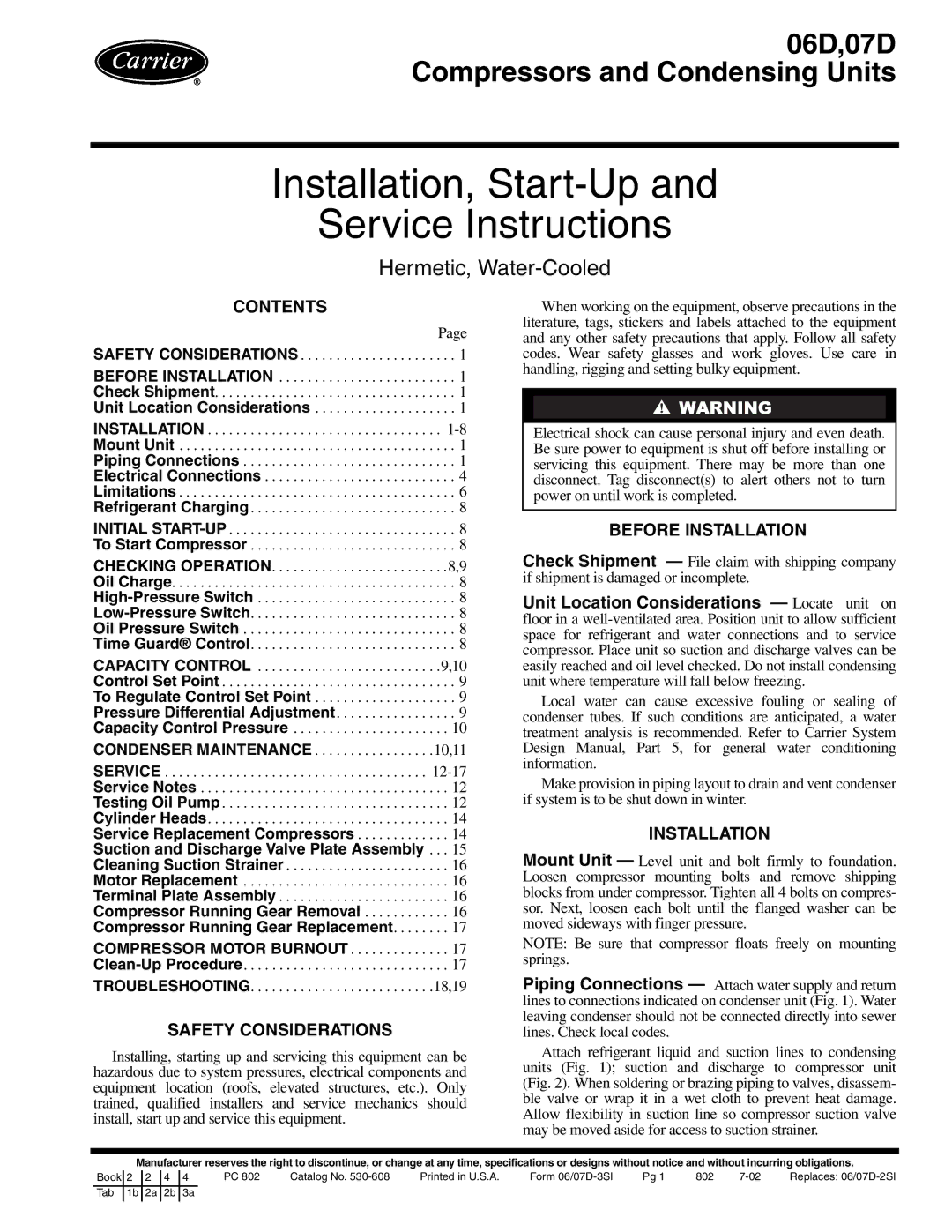 Carrier 06D specifications Contents, Before Installation, Safety Considerations 