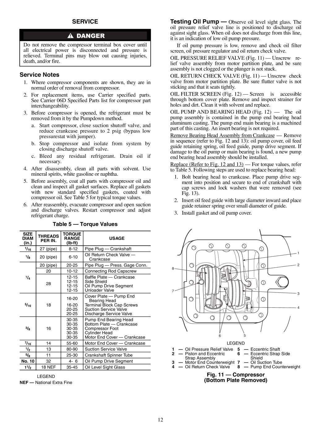 Carrier 06D specifications Service Notes, Size Threads Torque, Range Usage PER 