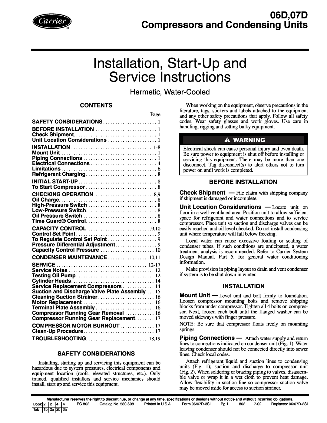 Carrier 06D specifications Contents, Before Installation, Safety Considerations, Service Replacement Compressors 