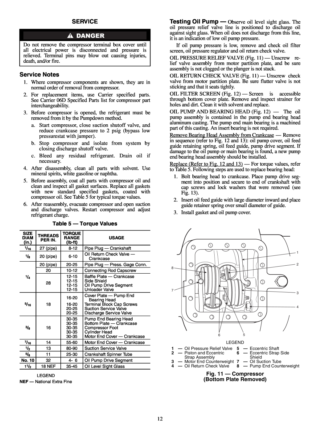 Carrier 06D specifications Service Notes, Torque Values, Compressor Bottom Plate Removed 
