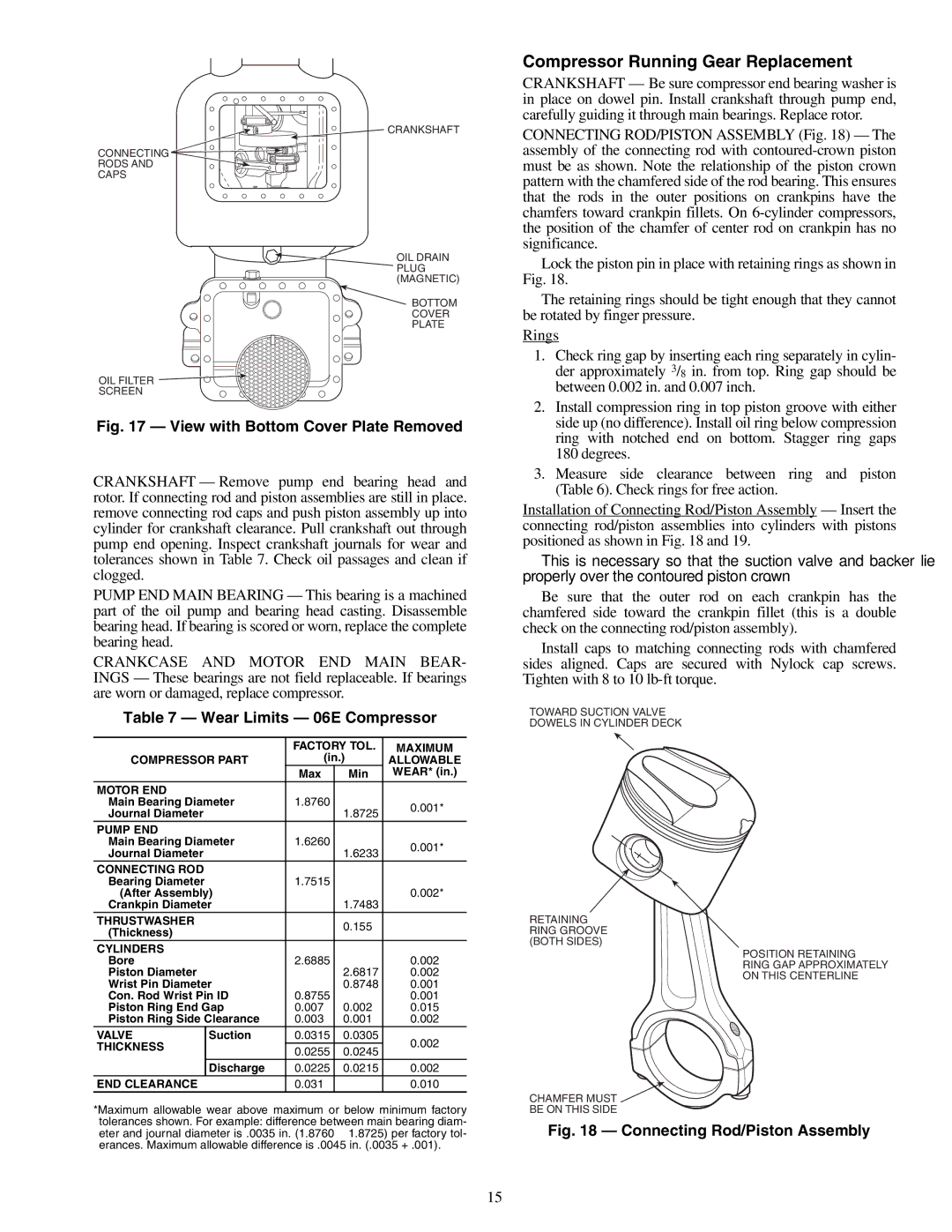 Carrier 07E specifications Compressor Running Gear Replacement, Wear Limits 06E Compressor 