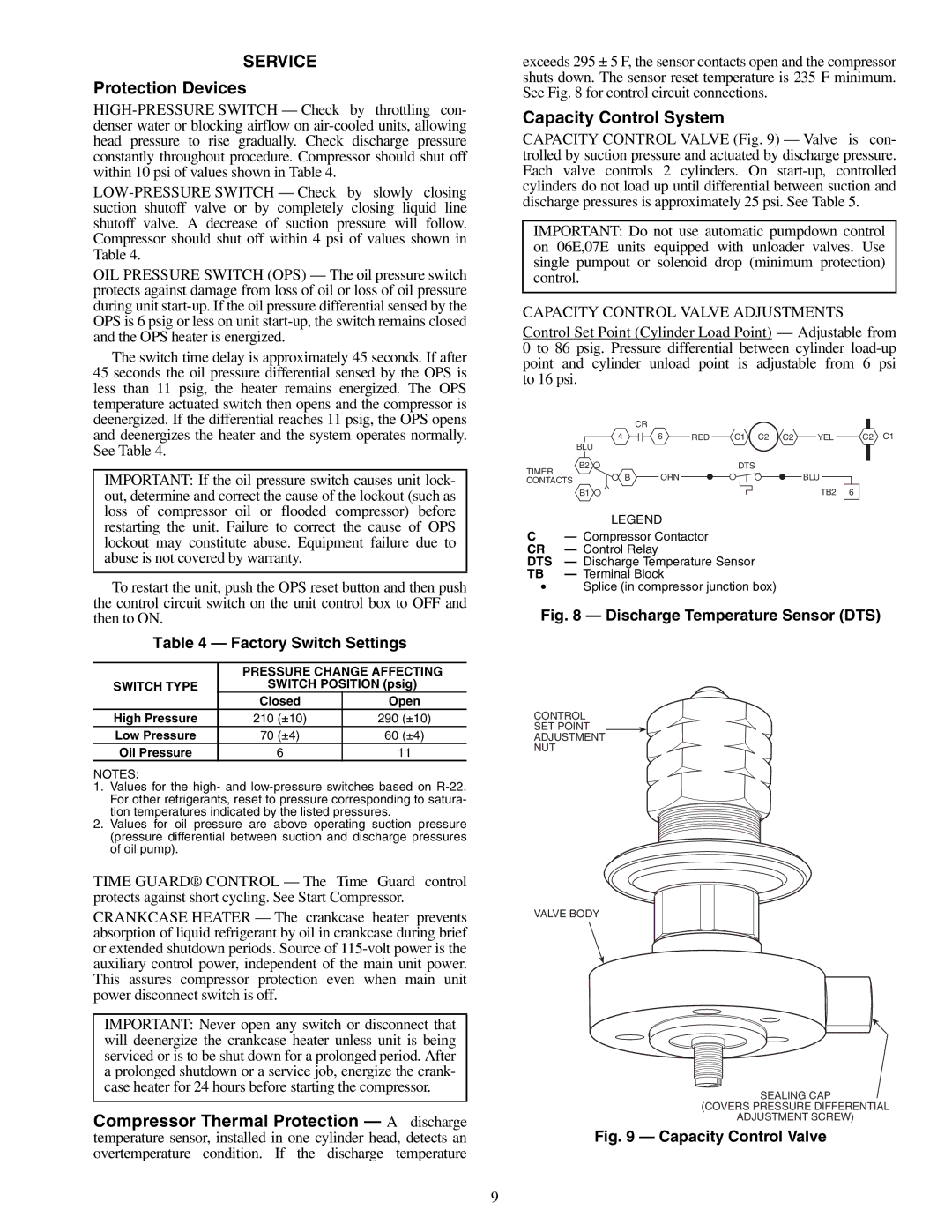 Carrier 07E, 06E specifications Service, Protection Devices, Capacity Control System, Factory Switch Settings 