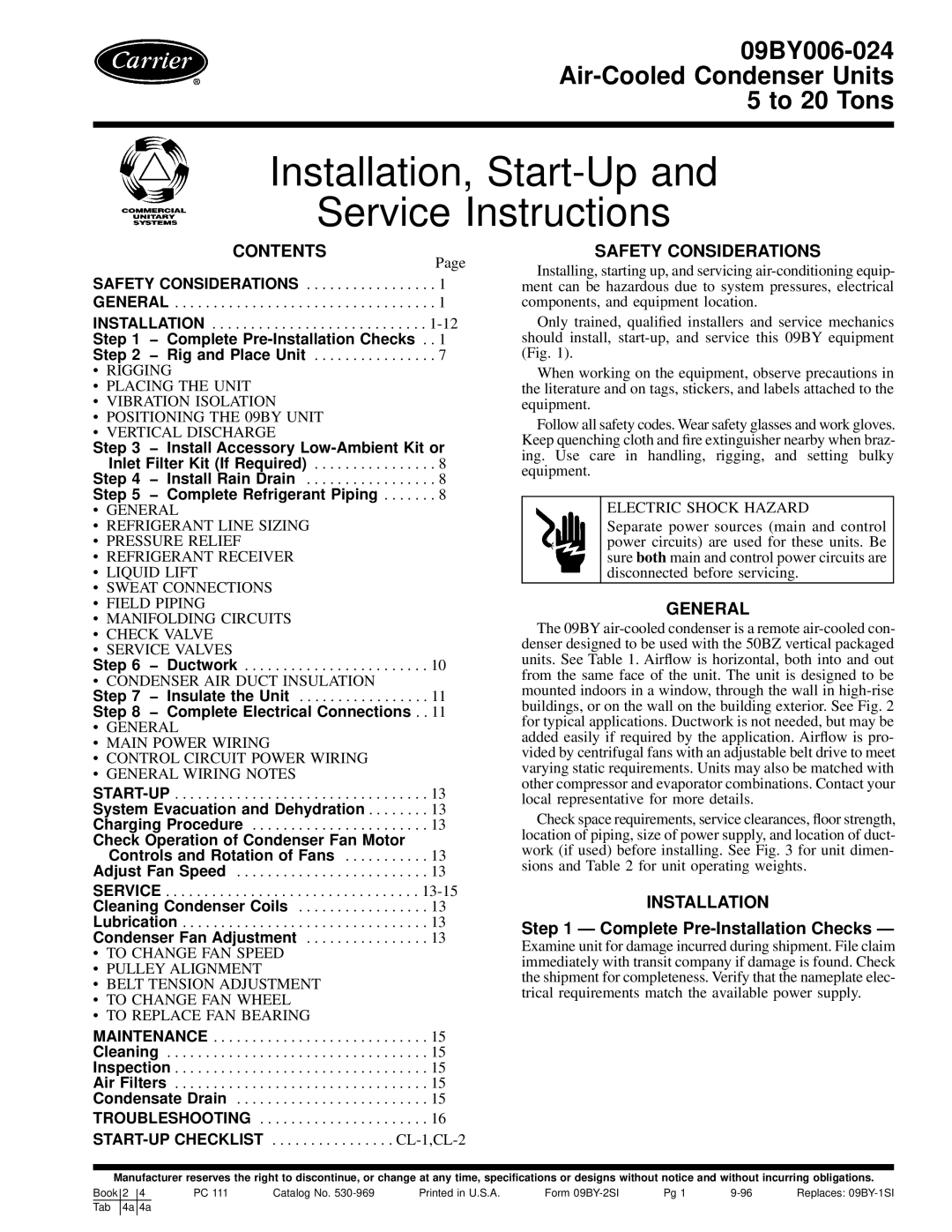 Carrier 09BY006-024 dimensions Contents, Safety Considerations, General, Installation 