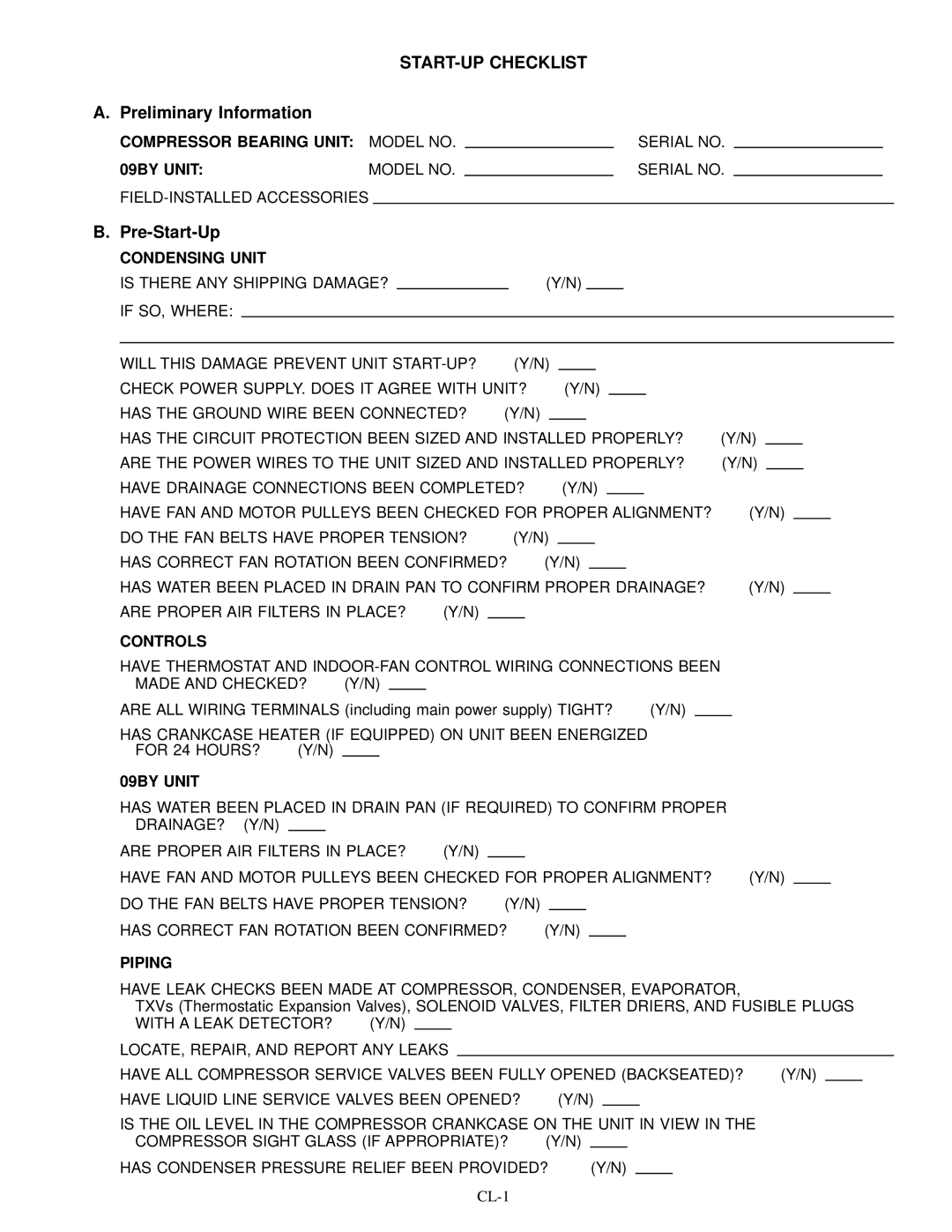 Carrier 09BY006-024 dimensions START-UP Checklist, Preliminary Information, Pre-Start-Up 