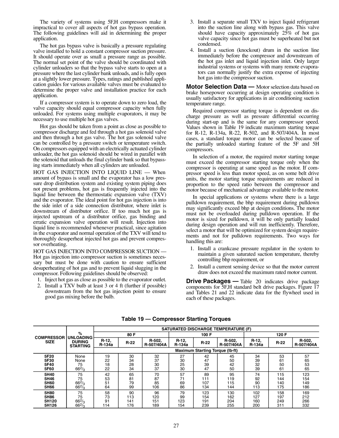 Carrier 09RH specifications Compressor Starting Torques 