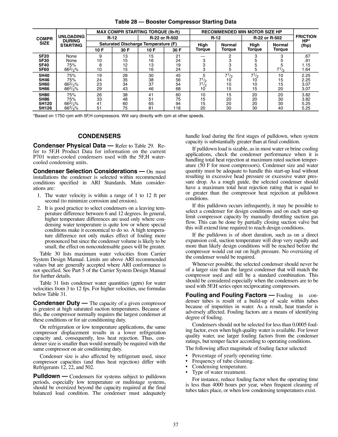 Carrier 09RH Booster Compressor Starting Data, Unloading, Recommended MIN Motor Size HP Friction Compr, During Size 