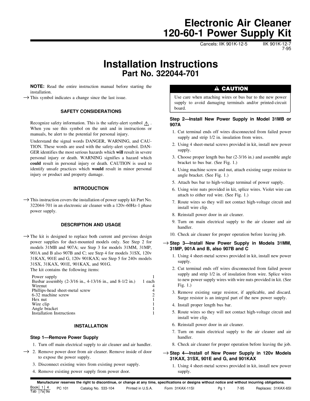 Carrier 120-60-1 installation instructions Installation Instructions 