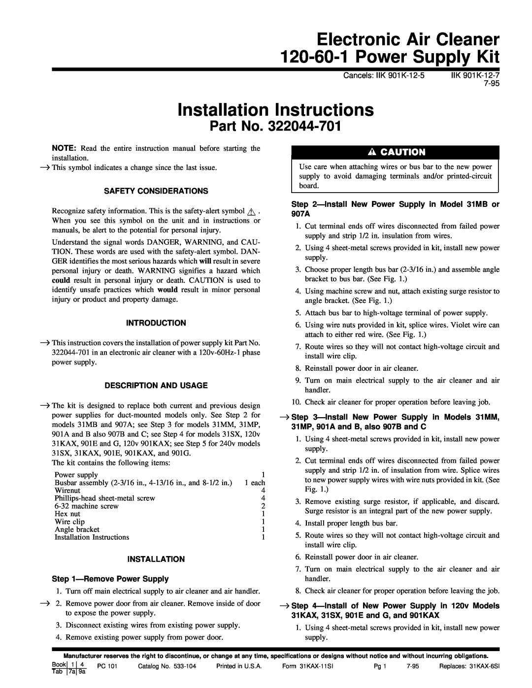 Carrier installation instructions Installation Instructions, Electronic Air Cleaner 120-60-1Power Supply Kit 