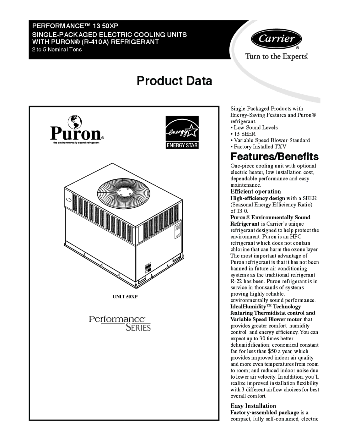 Carrier 13 50XP manual Product Data 