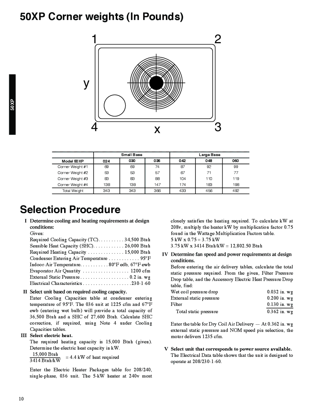 Carrier 13 50XP manual 50XP Corner weights In Pounds, Selection Procedure, Small Base Large Base 