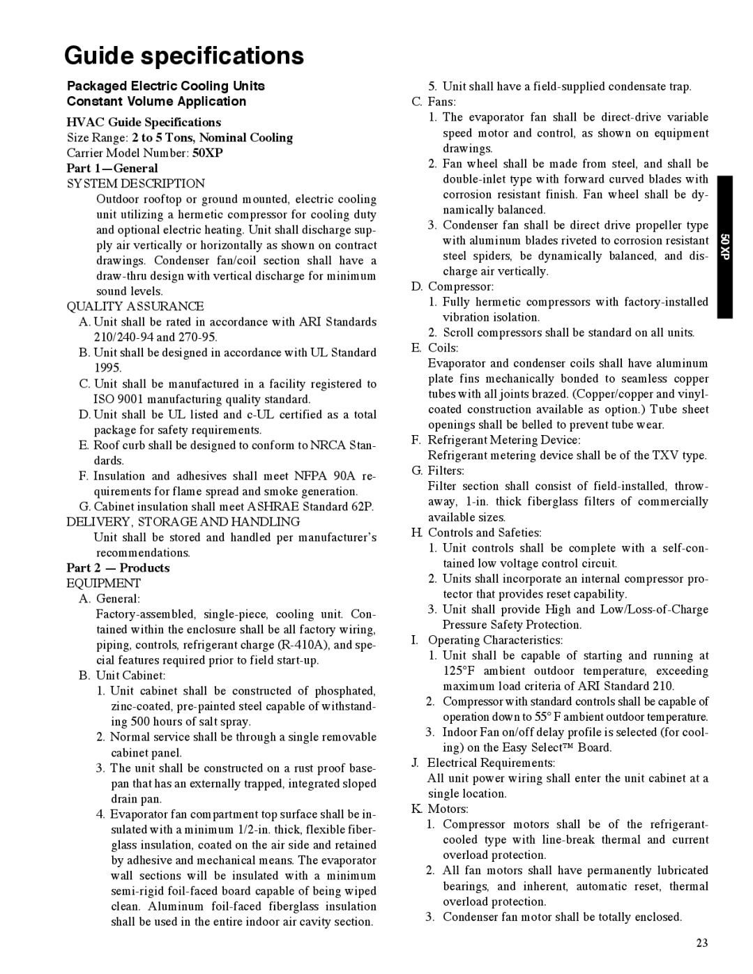 Carrier 13 50XP manual Guide specifications, Packaged Electric Cooling Units Constant Volume Application 