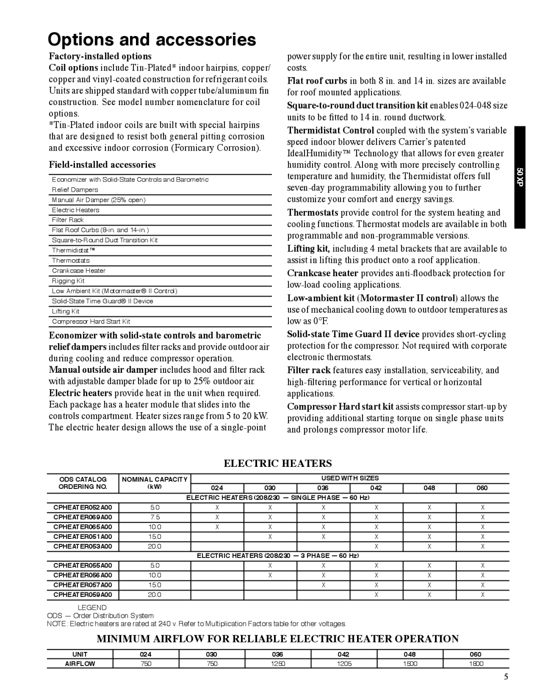 Carrier 13 50XP manual Options and accessories, ODS Catalog Nominal Capacity Used with Sizes Ordering no, Unit, Airflow 