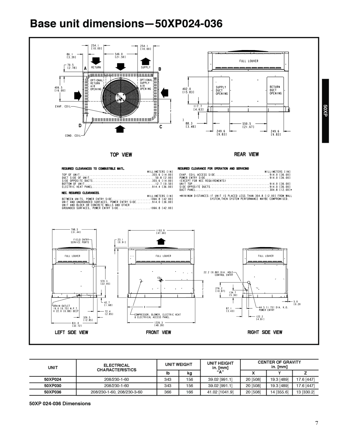 Carrier 13 50XP manual Base unit dimensions-50XP024-036, Electrical Unit Weight Unit Height, In. mm, Characteristics 