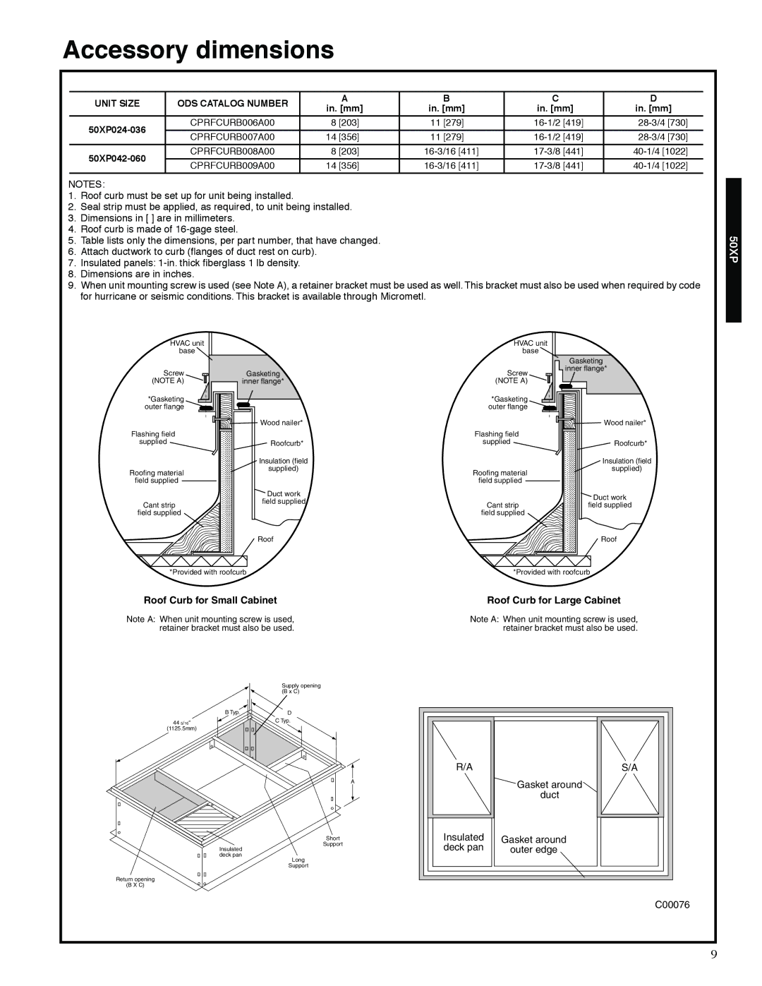 Carrier 13 50XP manual Accessory dimensions, Unit Size ODS Catalog Number 