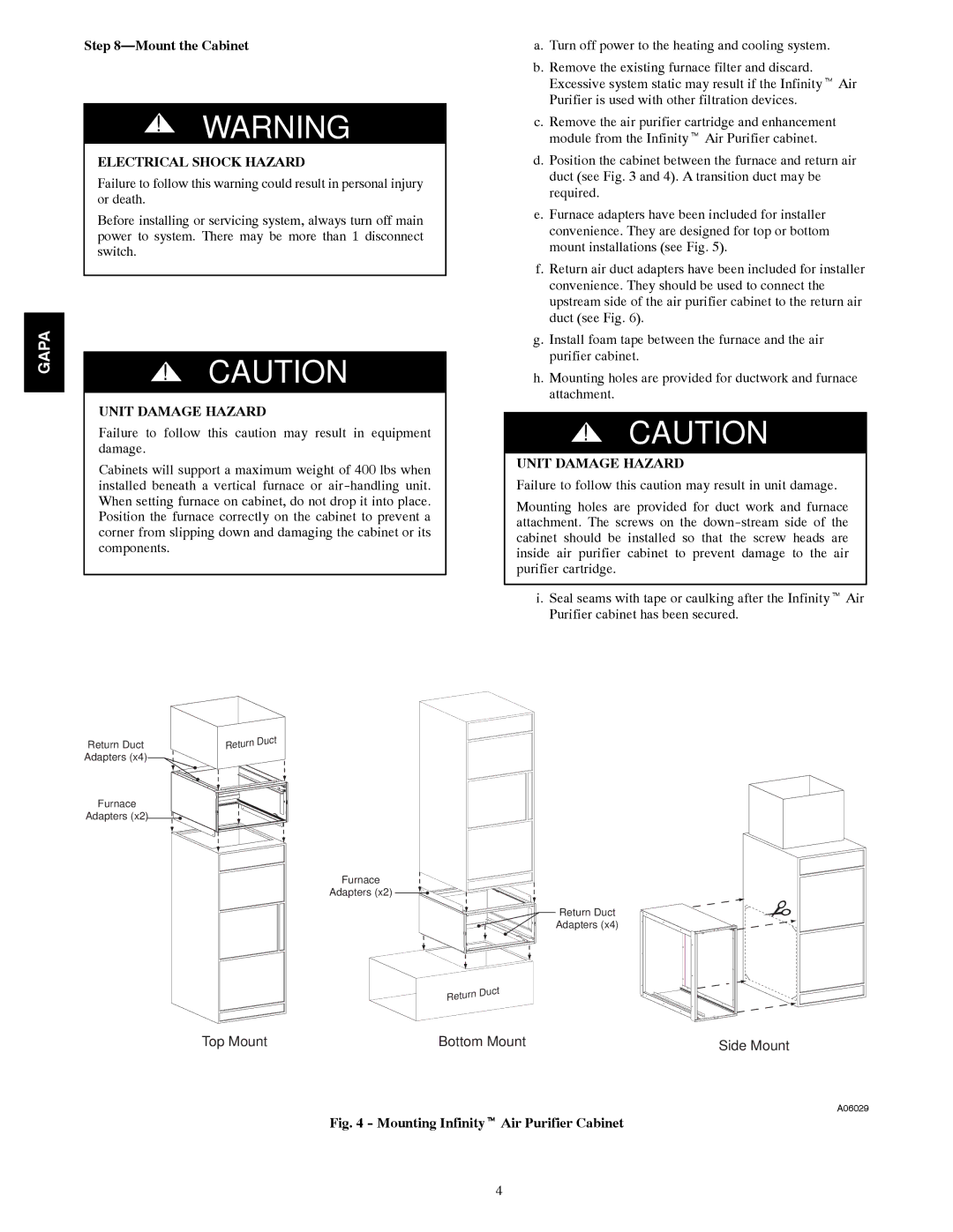 Carrier 1625, 2025 operating instructions Mount the Cabinet, Electrical Shock Hazard, Unit Damage Hazard 