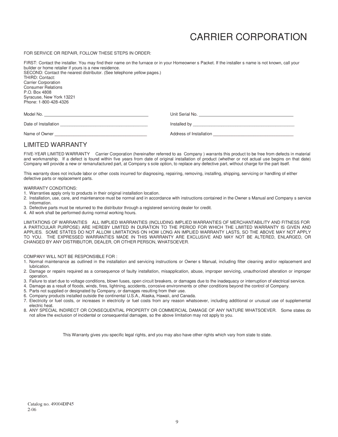 Carrier 2025, 1625 operating instructions Carrier Corporation 