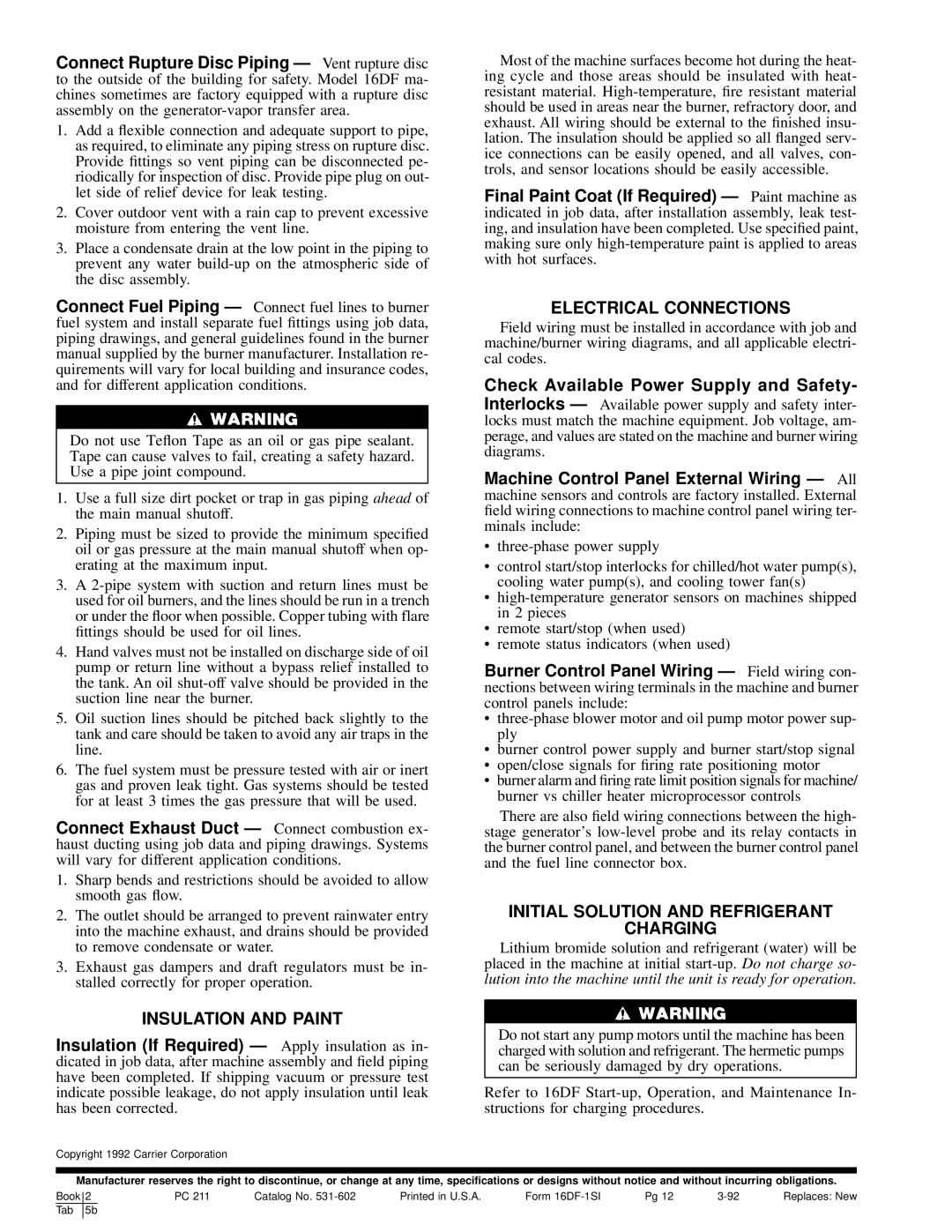 Carrier 16DF013-050 Electrical Connections, Initial Solution and Refrigerant Charging, Insulation and Paint 