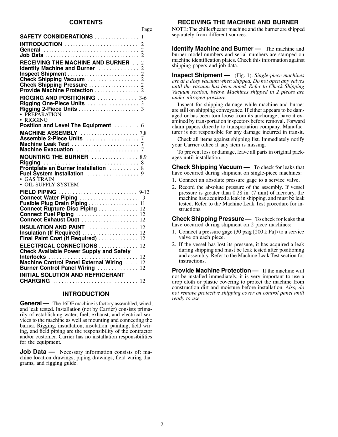 Carrier 16DF013-050 installation instructions Contents, Introduction, Receiving the Machine and Burner 