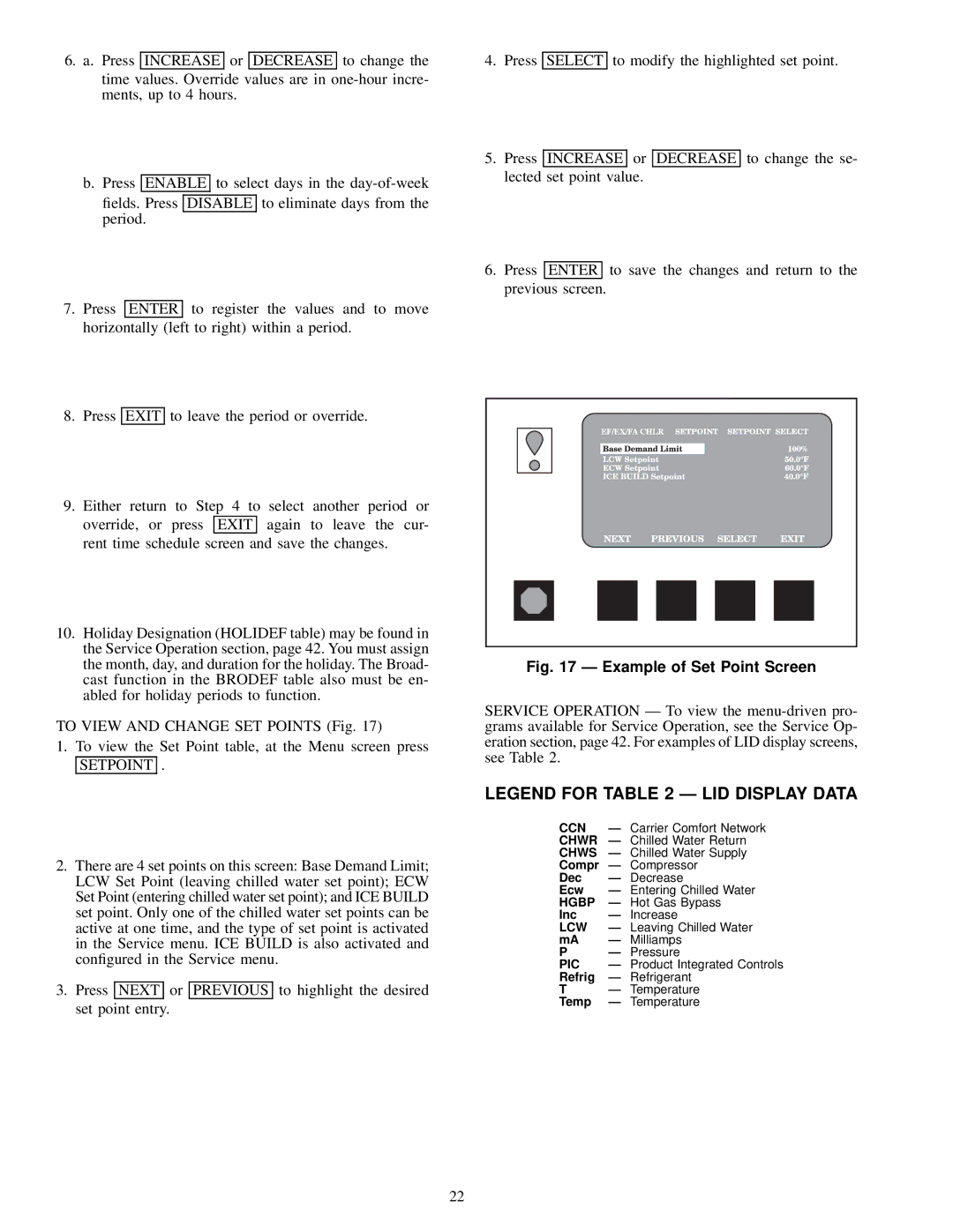 Carrier 17EX specifications Setpoint, Chwr, Chws, Hgbp, Lcw 