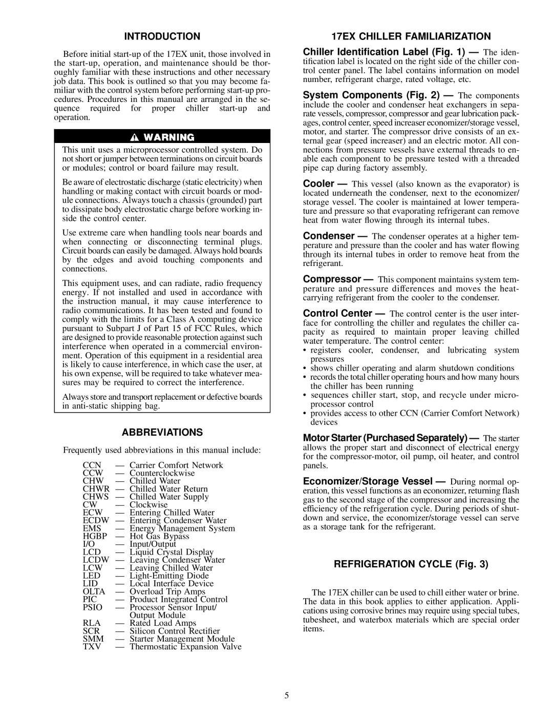 Carrier specifications Introduction, Abbreviations, 17EX Chiller Familiarization 