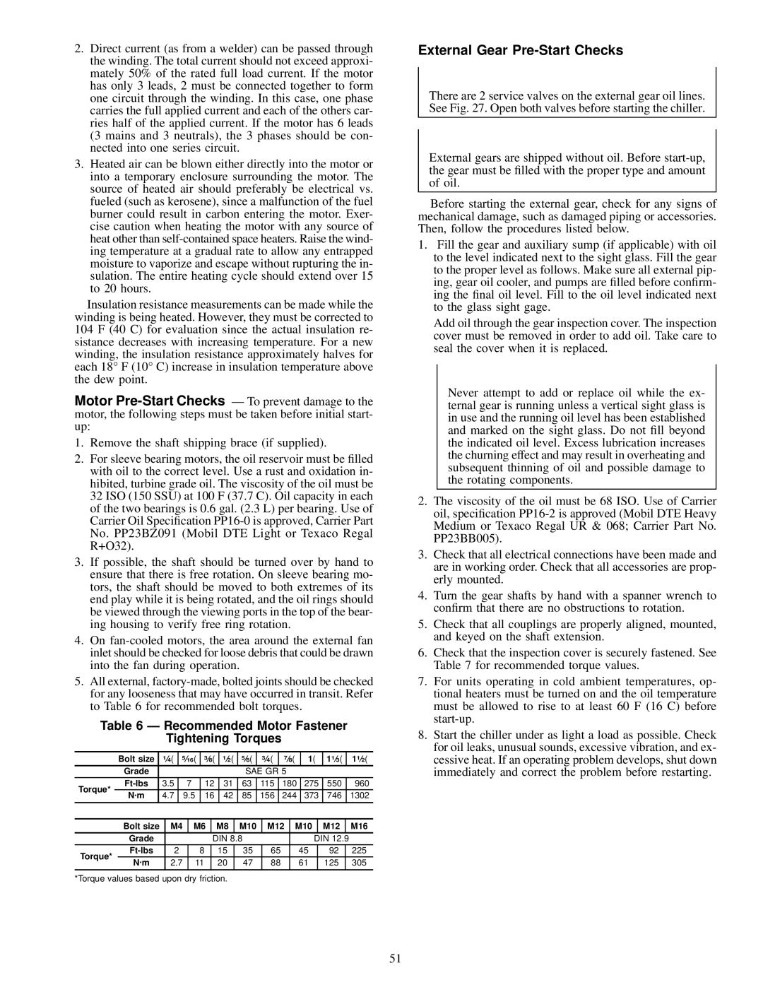 Carrier 17EX specifications External Gear Pre-Start Checks, Recommended Motor Fastener Tightening Torques 