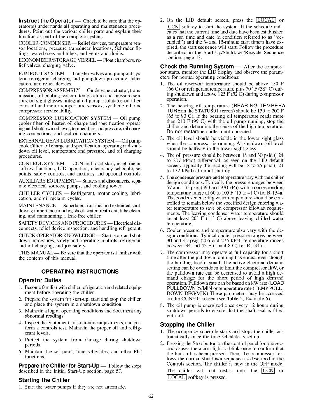 Carrier 17EX specifications Operating Instructions, Operator Duties, Starting the Chiller, Stopping the Chiller 