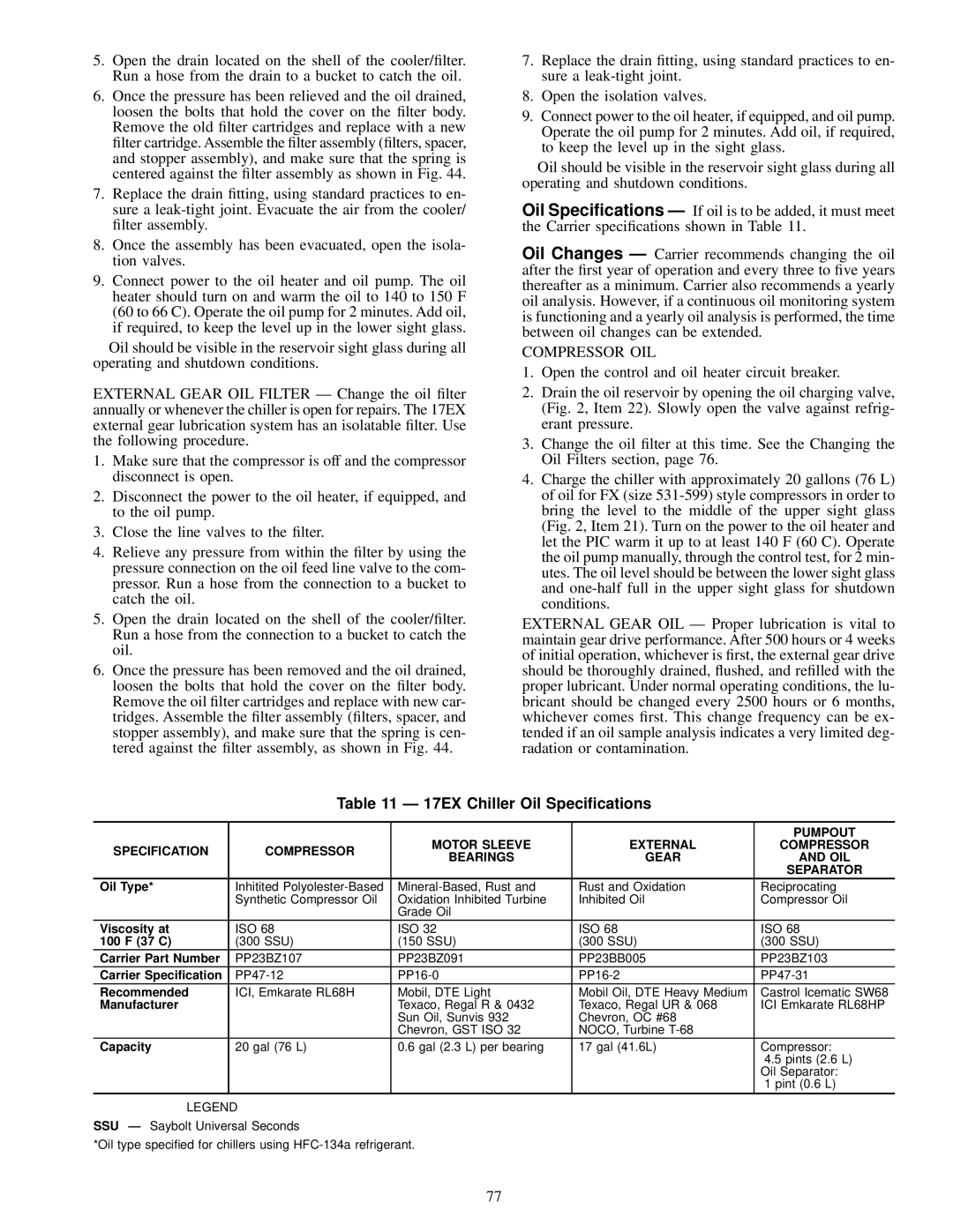 Carrier specifications Compressor OIL, 17EX Chiller Oil Specications, Pumpout 