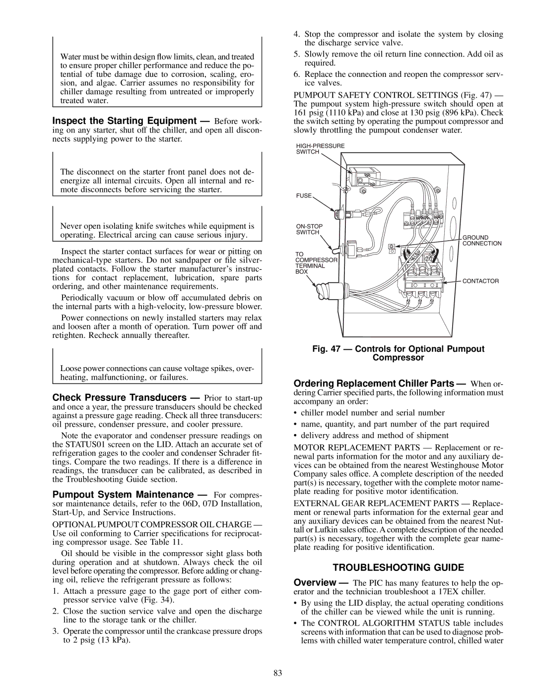 Carrier 17EX specifications Troubleshooting Guide, Controls for Optional Pumpout Compressor 