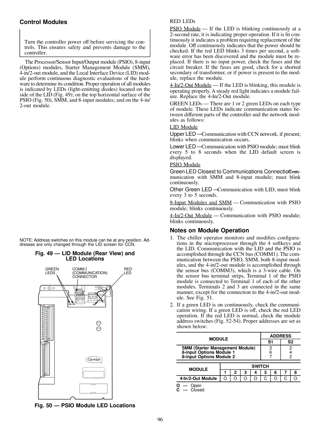 Carrier 17EX specifications Control Modules, Module Address, Input Options Module, Module Switch, Open 