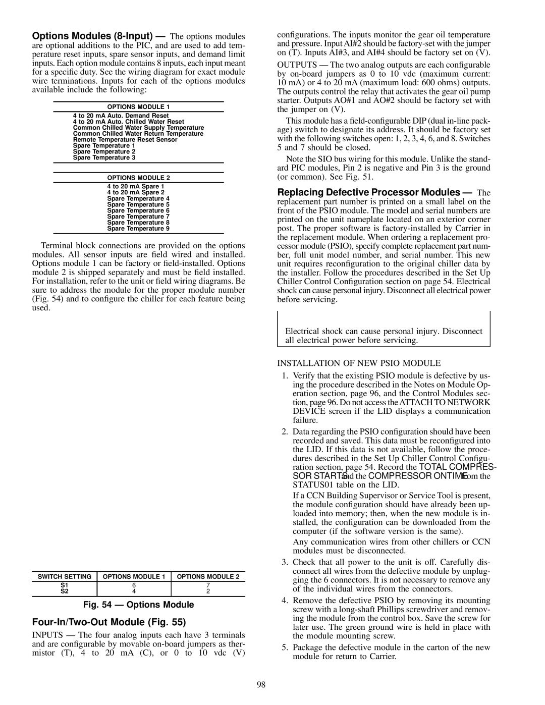 Carrier 17EX specifications Four-In/Two-Out Module Fig, Installation of NEW Psio Module, Switch Setting Options Module 