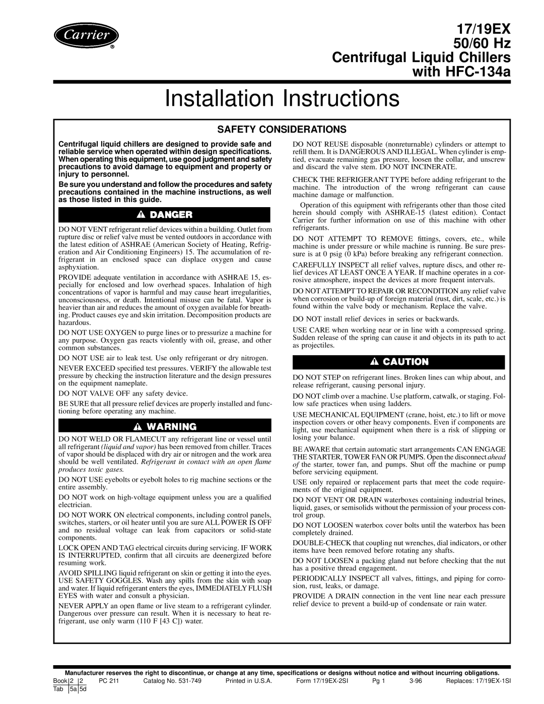 Carrier 17, 19EX installation instructions Installation Instructions 