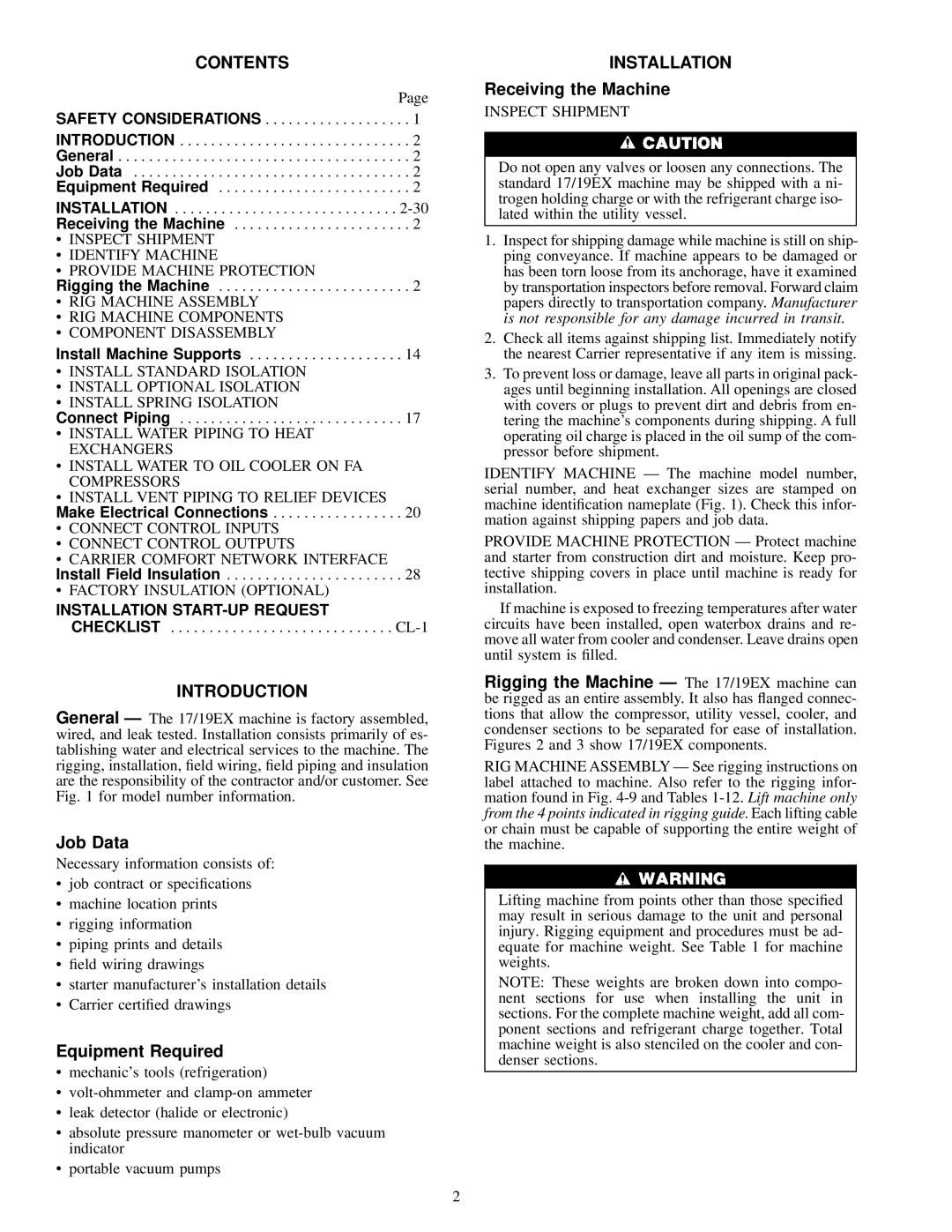 Carrier 19EX, 17 installation instructions Contents 