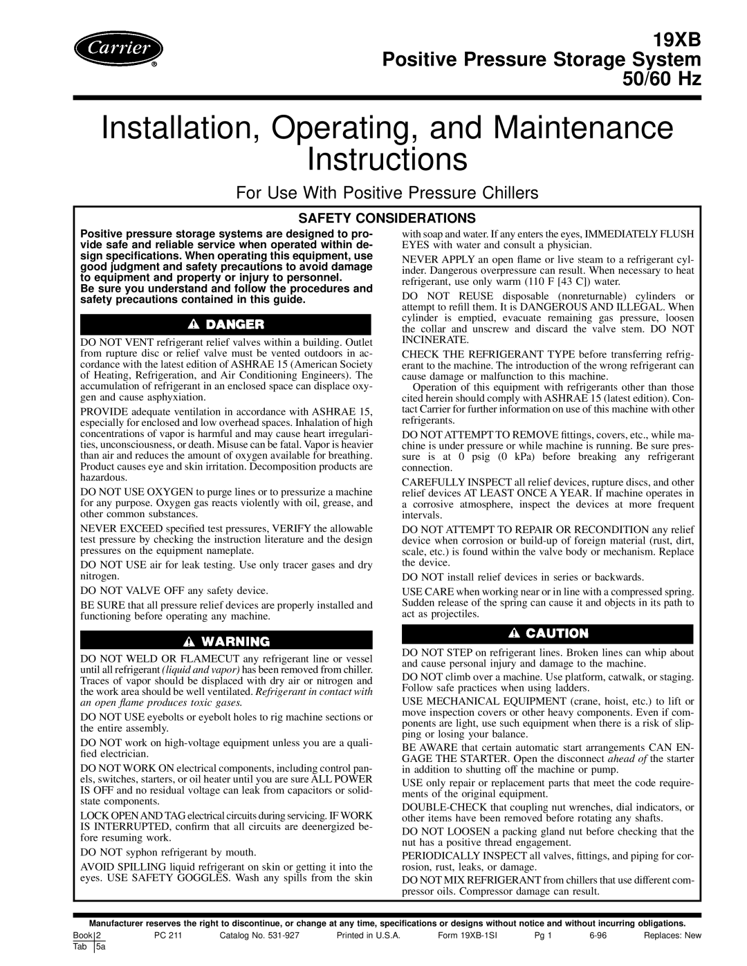 Carrier 19XB specifications Installation, Operating, and Maintenance Instructions, Safety Considerations 