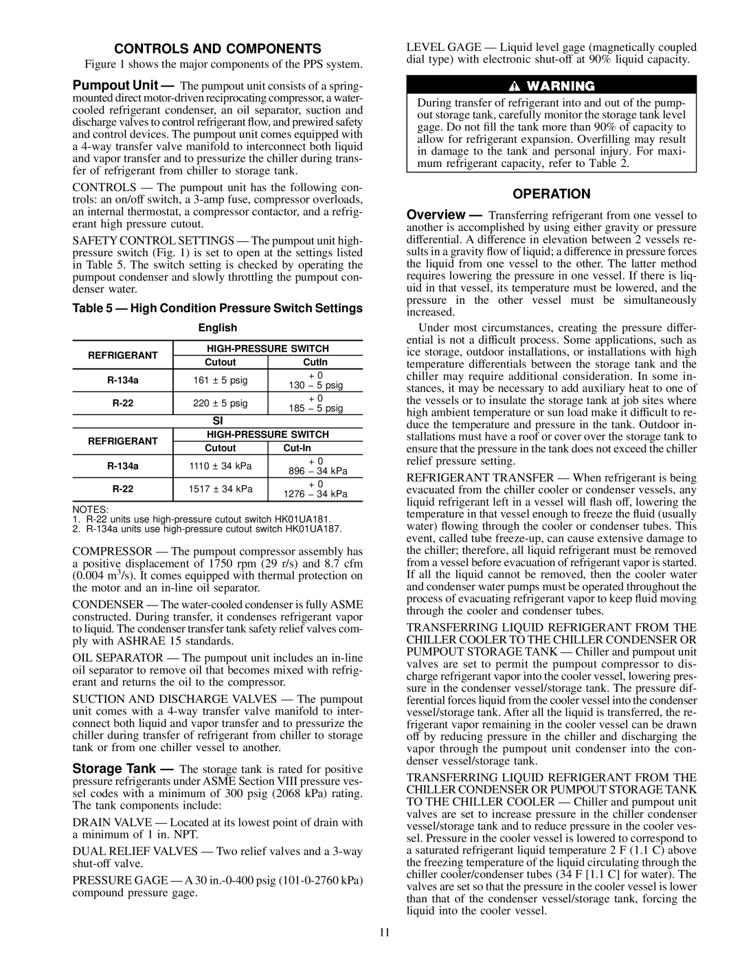 Carrier 19XB Controls and Components, Operation, High Condition Pressure Switch Settings, Refrigerant HIGH-PRESSURE Switch 