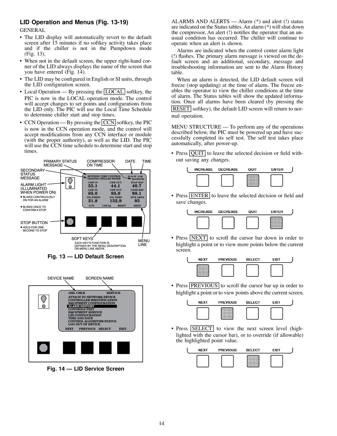 Carrier 19XL specifications LID Operation and Menus Fig, General, Select 