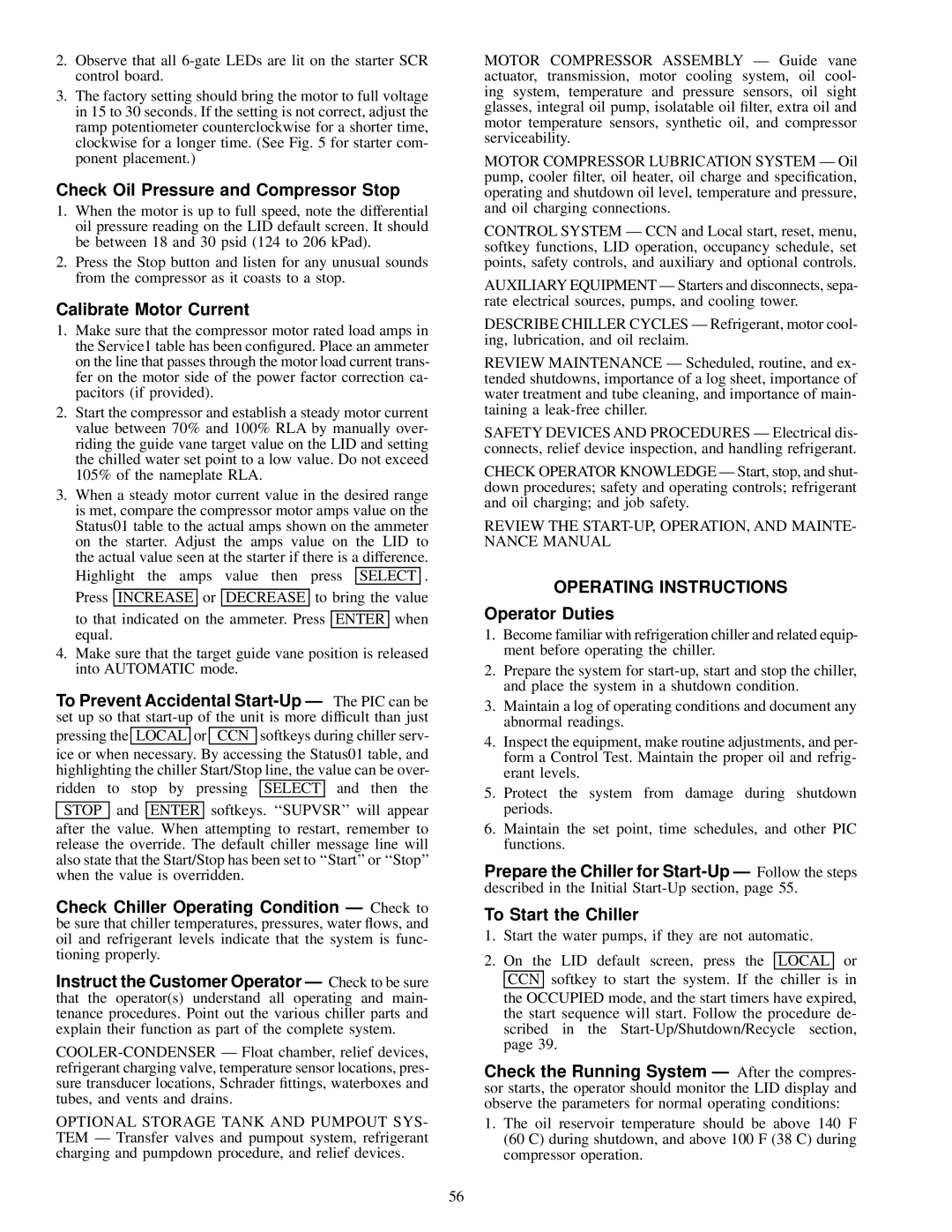 Carrier 19XL Check Oil Pressure and Compressor Stop, Calibrate Motor Current, Operating Instructions, Operator Duties 