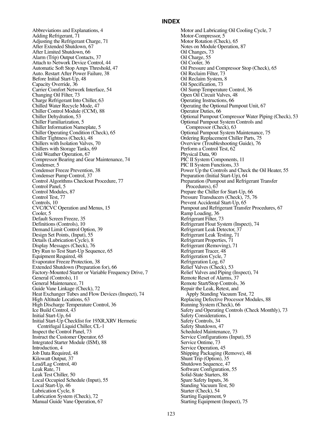 Carrier XRV, 19XR specifications Index 